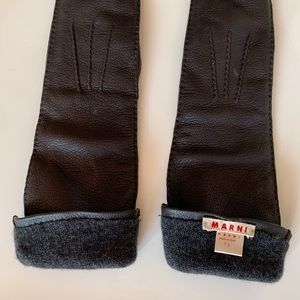 MARNI elbow length grained leather cashmere lined mittens